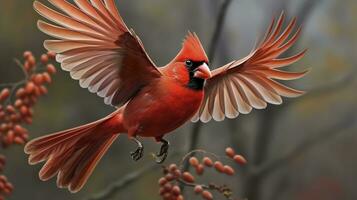 AI generated Northern Cardinal coming in for a landing. Generative AI photo