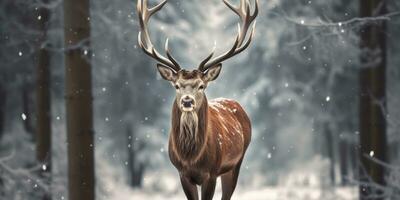 AI generated Noble deer male in the winter snow forest. Artistic winter Christmas landscape. AI Generated photo