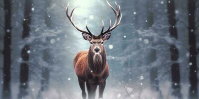 AI generated Noble deer male in the winter snow forest. Artistic winter Christmas landscape. AI Generated photo