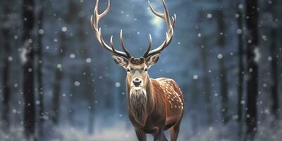 AI generated Noble deer male in the winter snow forest. Artistic winter Christmas landscape. AI Generated photo