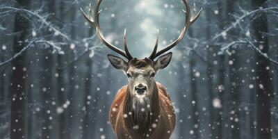 AI generated Noble deer male in the winter snow forest. Artistic winter Christmas landscape. AI Generated photo