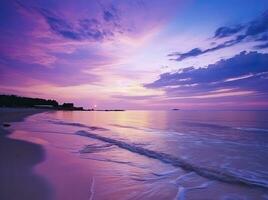 AI generated Summer beach with blue water and purple sky at the sunset.  AI Generated. photo