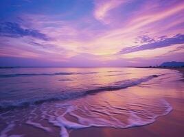 AI generated Summer beach with blue water and purple sky at the sunset.  AI Generated. photo