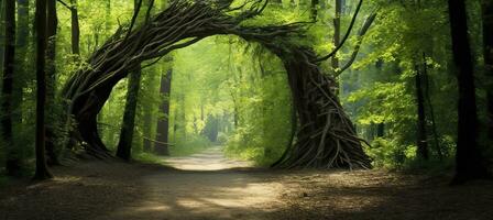 AI generated Natural archway shaped by branches in the forest. AI Generated photo