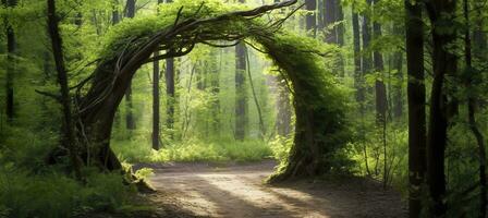 AI generated Natural archway shaped by branches in the forest. AI Generated photo