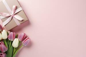 AI generated Mother's Day concept. Pink gift box with ribbon bow and a bouquet of tulips.  AI Generated photo