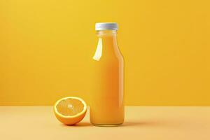 AI generated Orange Juice bottle on orange background. AI Generated photo