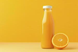 AI generated Orange Juice bottle on orange background. AI Generated photo