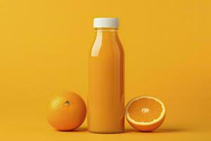 AI generated Orange Juice bottle on orange background. AI Generated photo