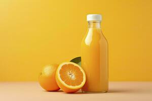 AI generated Orange Juice bottle on orange background. AI Generated photo