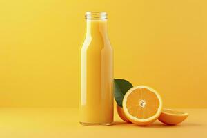 AI generated Orange Juice bottle on orange background. AI Generated photo