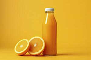 AI generated Orange Juice bottle on orange background. AI Generated photo