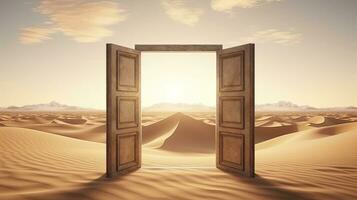 AI generated The opened door on the desert. Unknown and start up concept. AI Generated. photo