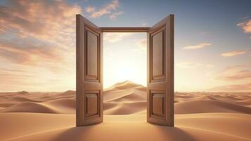 ai generado el abrió puerta en el desierto. desconocido y comienzo arriba concepto. ai generado. foto
