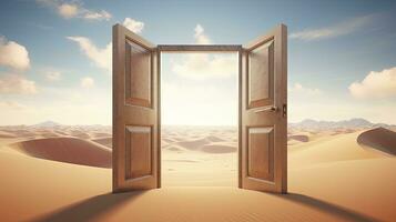 AI generated The opened door on the desert. Unknown and start up concept. AI Generated. photo