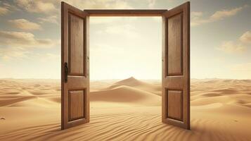 AI generated The opened door on the desert. Unknown and start up concept. AI Generated. photo