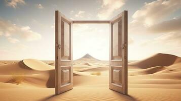 AI generated The opened door on the desert. Unknown and start up concept. AI Generated. photo