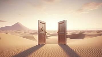 AI generated The opened door on the desert. Unknown and start up concept. AI Generated. photo