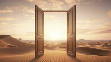 AI generated The opened door on the desert. Unknown and start up concept. AI Generated. photo