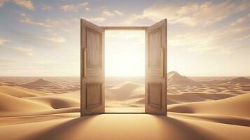 AI generated The opened door on the desert. Unknown and start up concept. AI Generated. photo