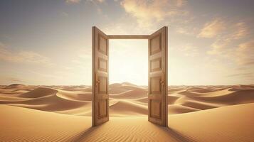 ai generado el abrió puerta en el desierto. desconocido y comienzo arriba concepto. ai generado. foto