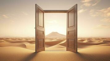 AI generated The opened door on the desert. Unknown and start up concept. AI Generated. photo