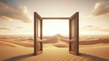 AI generated The opened door on the desert. Unknown and start up concept. AI Generated. photo