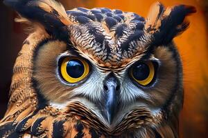 AI generated Owl headshot with closeup of face. Generative AI photo