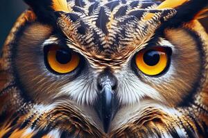 AI generated Owl headshot with closeup of face. Generative AI photo