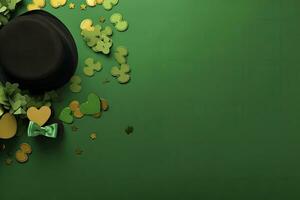 AI generated St Patrick's Day concept. leprechaun headwear gift boxes pot with gold coins. AI Generated photo