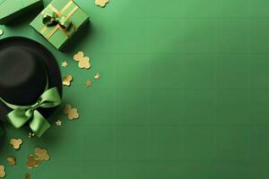 AI generated St Patrick's Day concept. leprechaun headwear gift boxes pot with gold coins. AI Generated photo