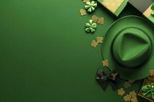 AI generated St Patrick's Day concept. leprechaun headwear gift boxes pot with gold coins. AI Generated photo