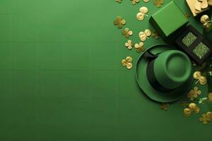 AI generated St Patrick's Day concept. leprechaun headwear gift boxes pot with gold coins. AI Generated photo