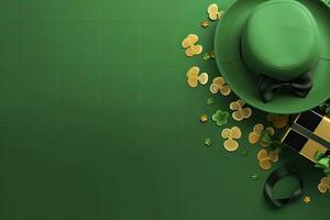 AI generated St Patrick's Day concept. leprechaun headwear gift boxes pot with gold coins. AI Generated photo