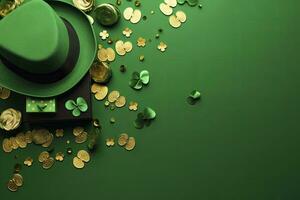 AI generated St Patrick's Day concept. leprechaun headwear gift boxes pot with gold coins. AI Generated photo