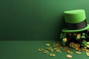 AI generated St Patrick's Day concept. leprechaun headwear gift boxes pot with gold coins. AI Generated photo