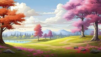 AI generated Spring season with colorful flowers and trees in a pretty meadow or field. AI Generated. photo