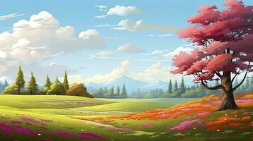 AI generated Spring season with colorful flowers and trees in a pretty meadow or field. AI Generated. photo