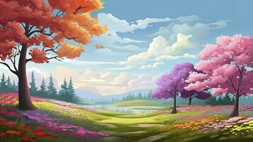 AI generated Spring season with colorful flowers and trees in a pretty meadow or field. AI Generated. photo