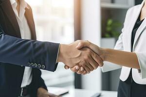 AI generated Man and women shaking hands after an interview. AI Generated photo