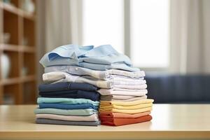 AI generated Stack of clean clothes on table in room. Generative AI photo