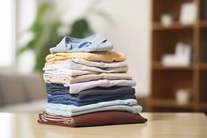 AI generated Stack of clean clothes on table in room. Generative AI photo