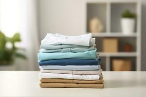 AI generated Stack of clean clothes on table in room. Generative AI photo