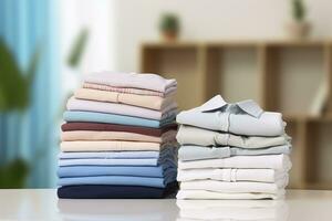 AI generated Stack of clean clothes on table in room. Generative AI photo