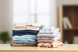 AI generated Stack of clean clothes on table in room. Generative AI photo