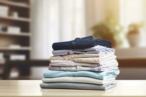 AI generated Stack of clean clothes on table in room. Generative AI photo