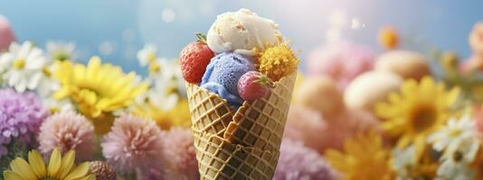 AI generated Banner with ice cream in a waffle cone on a summer day. Generative AI photo