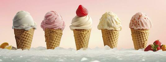 AI generated Banner with ice cream in a waffle cone on a summer day. Generative AI photo