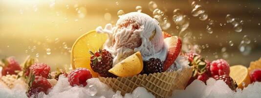 AI generated Banner with ice cream in a waffle cone on a summer day. Generative AI photo