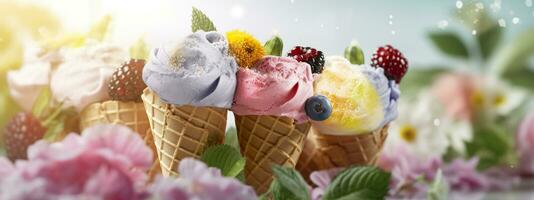 AI generated Banner with ice cream in a waffle cone on a summer day. Generative AI photo